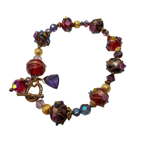 Artisan Wedding Cake Glass Bead Bracelet 22k Gold Filled Hand Blown Toggle Clasp - Picture 8 of 16